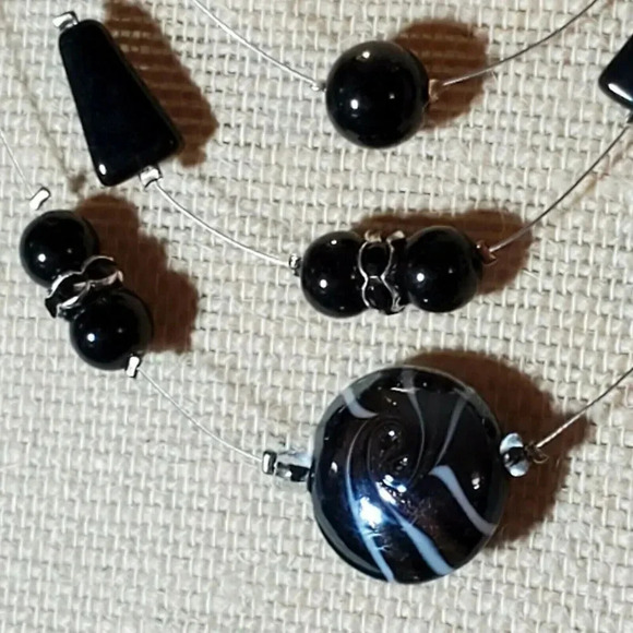 Art Deco Black Jet AB Czech Glass Baubles Multi Strand Necklace Earrings Set - Picture 2 of 8